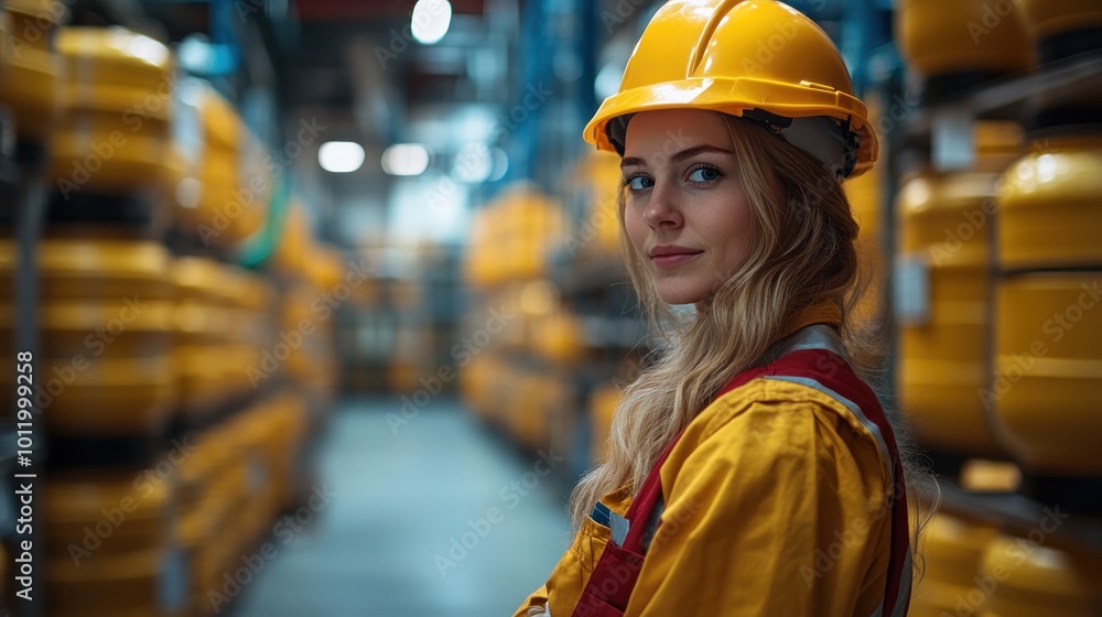 A young woman in a yellow hard hat and overalls stands in a warehouse looking directly at the camera. A young woman in a yellow hard hat and overalls stands in a warehouse looking directly at the camera.