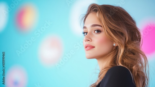 A confident young woman, dressed in a professional attire, delivers a passionate presentation on stage at a business conference, with a backdrop of company logos.