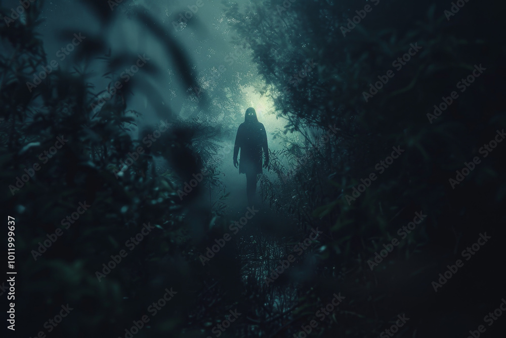 Fototapeta premium A person is walking through a dark forest