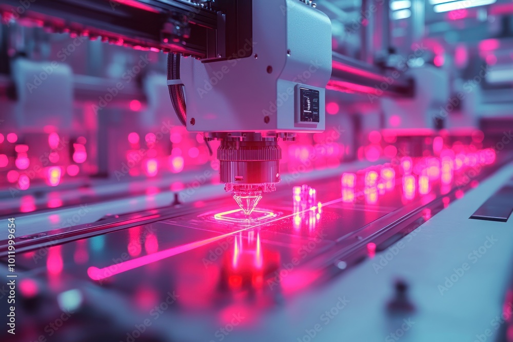 A close-up of an automated machine with a laser beam. The machine is in a modern factory and is working on a product. A close-up of an automated machine with a laser beam. The machine is in a modern factory and is working on a product.