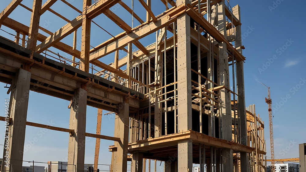 Construction of a New Building with Wooden Framing and Concrete Pillars Construction of a New Building with Wooden Framing and Concrete Pillars