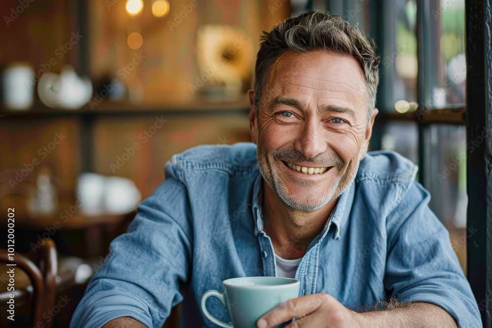 A man is smiling and holding a cup of coffee A man is smiling and holding a cup of coffee
