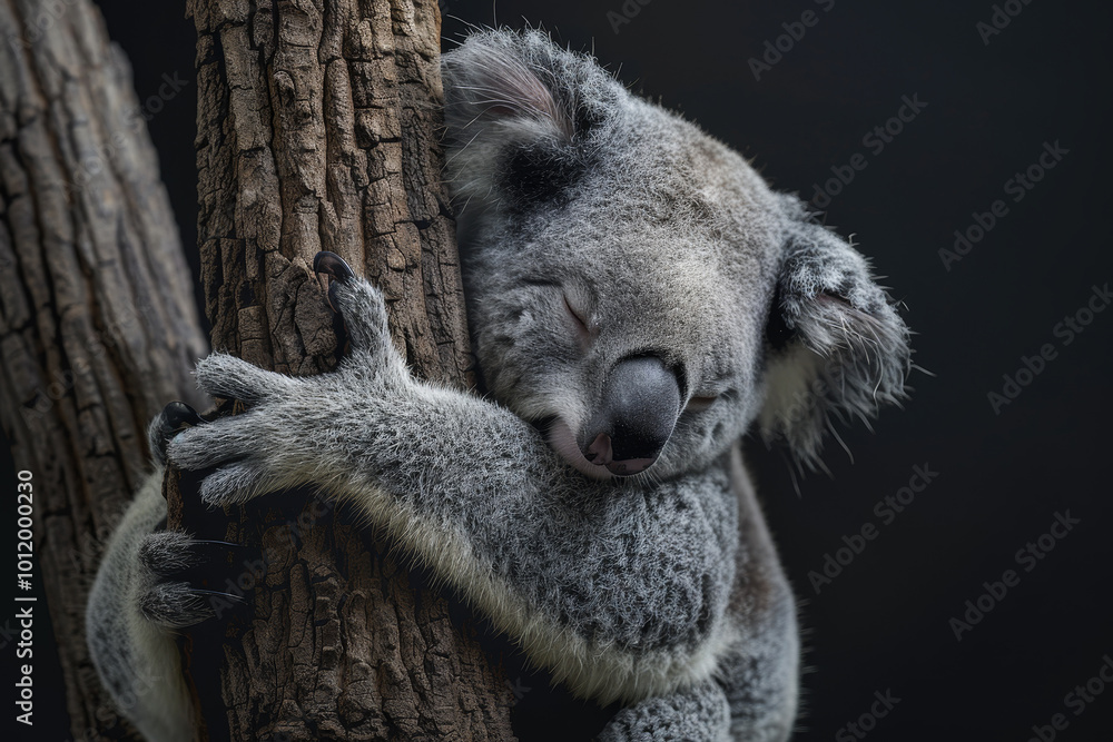 Obraz premium A koala is sleeping on a tree branch