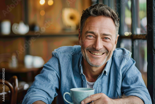 A man is smiling and holding a cup of coffee