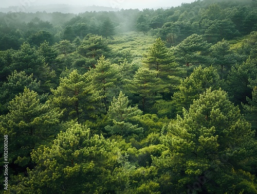 Aerial View of Lush Green Forest with Mist