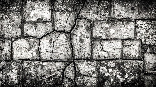 Cracked Elegance: Jagged fissures traverse the bricks, creating a mesmerizing pattern. Each crack tells a story—a freeze-thaw cycle, perhaps, or the weight of history bearing down on these resilient  photo