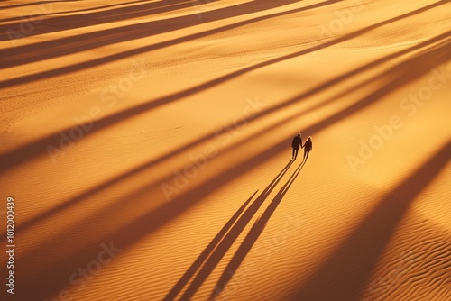 A drone shot of a couple walking through a desert landscape