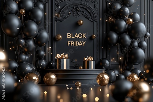 Black friday background with gift boxes and balloons