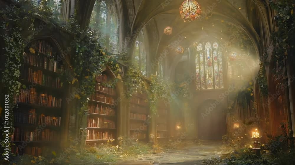 Enchanted Library with Sunlit Dust and Falling Leaves Enchanted Library with Sunlit Dust and Falling Leaves