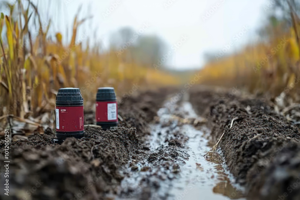 Two red cylindrical canisters sit on a muddy path in a harvested corn field. Two red cylindrical canisters sit on a muddy path in a harvested corn field.