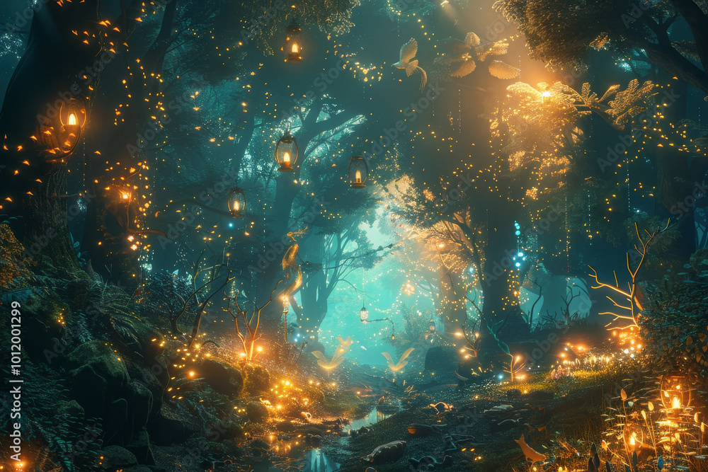 Fotografie A forest with glowing lights and lanterns