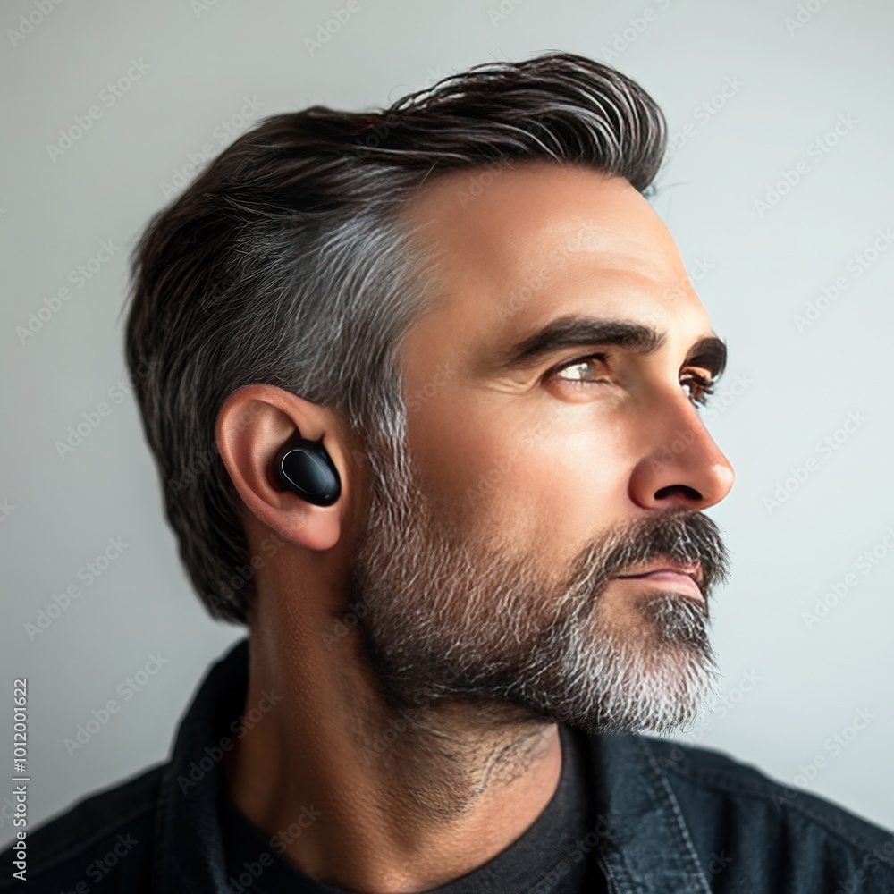 cute male model in his 40s wears little earphones in his ear, side shot ...