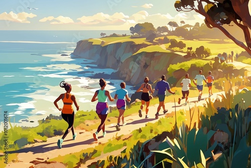 A diverse group of people jogging along a scenic trail by the ocean