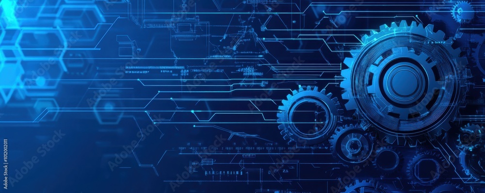 Obraz premium Futuristic blue background featuring interconnected gears and digital technology elements