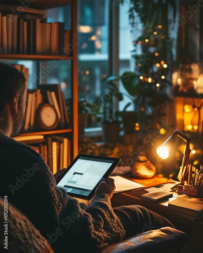 A creative professional working on a digital tablet in a cozy home office