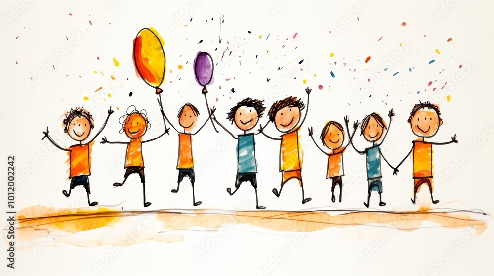 Joyful cartoon children holding hands and jumping together in a colorful hand drawn style Joyful cartoon children holding hands and jumping together in a colorful hand drawn style