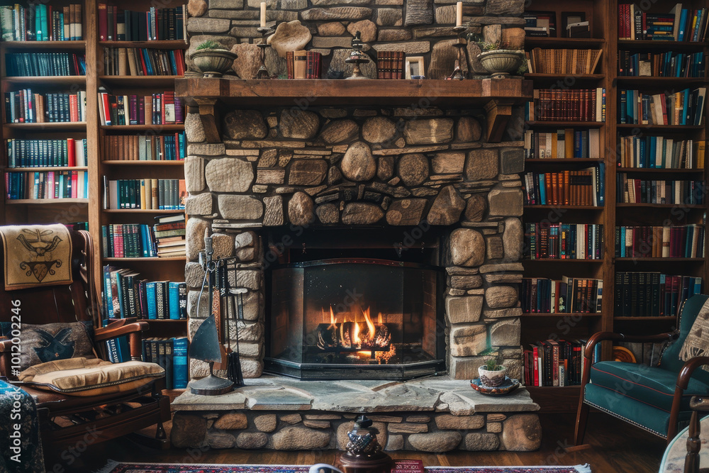 A cozy living room with a fireplace and a large collection of books A cozy living room with a fireplace and a large collection of books
