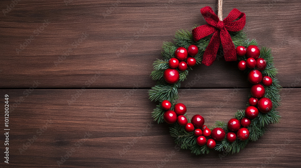 Rustic winter wreath of evergreen branches and red berries on a wooden door for a cozy winter vibe Rustic winter wreath of evergreen branches and red berries on a wooden door for a cozy winter vibe