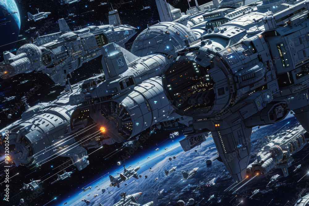 A space battle is taking place with a large ship in the middle A space battle is taking place with a large ship in the middle
