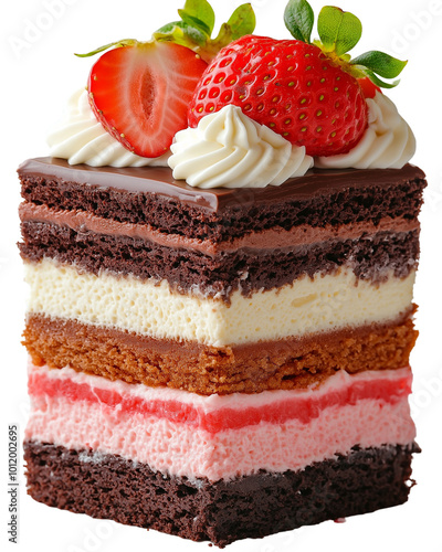 a delicious and colorful four-layer stack of cakes, isolated on a transparent background photo