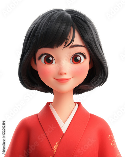 cartoon character teen woman wearing Red Kimono isolated on transparent background