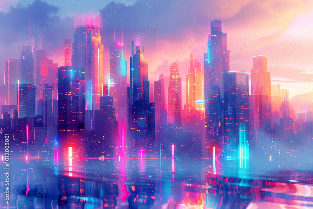 A cityscape with neon lights and a blue sky A cityscape with neon lights and a blue sky