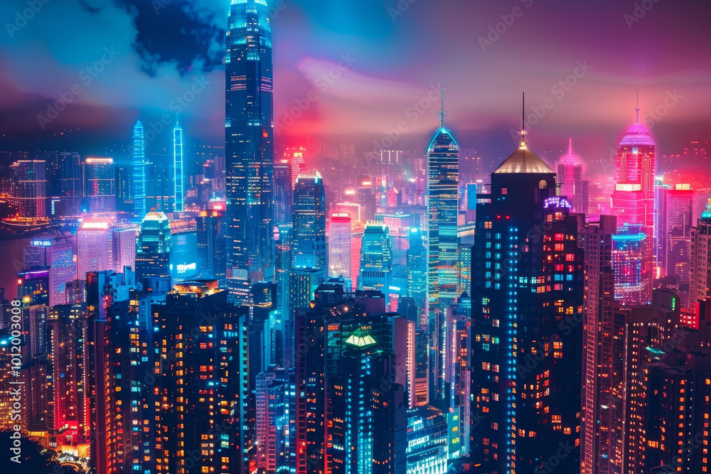 Fototapeta premium A city skyline at night with neon lights and a cloudy sky