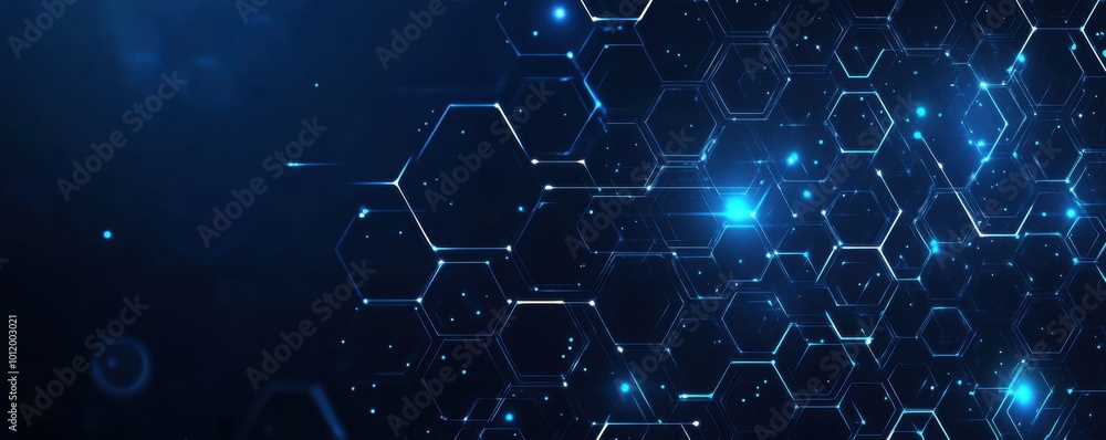 Blue technology background with interconnected hexagons and glowing abstract patterns Blue technology background with interconnected hexagons and glowing abstract patterns