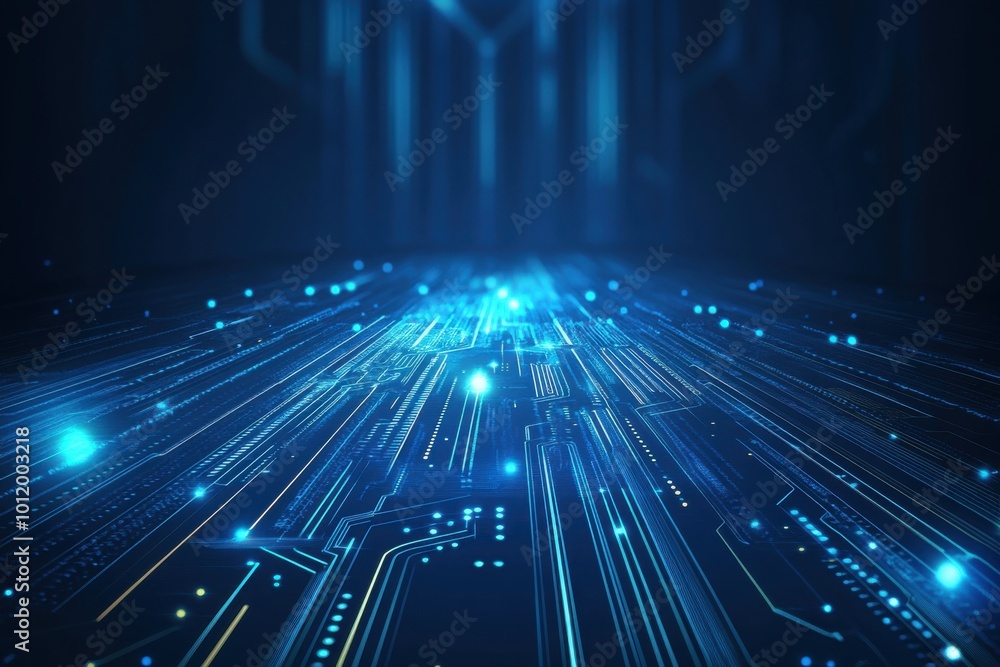 Futuristic blue technology corridor with glowing lights and digital circuit designs on the walls Futuristic blue technology corridor with glowing lights and digital circuit designs on the walls