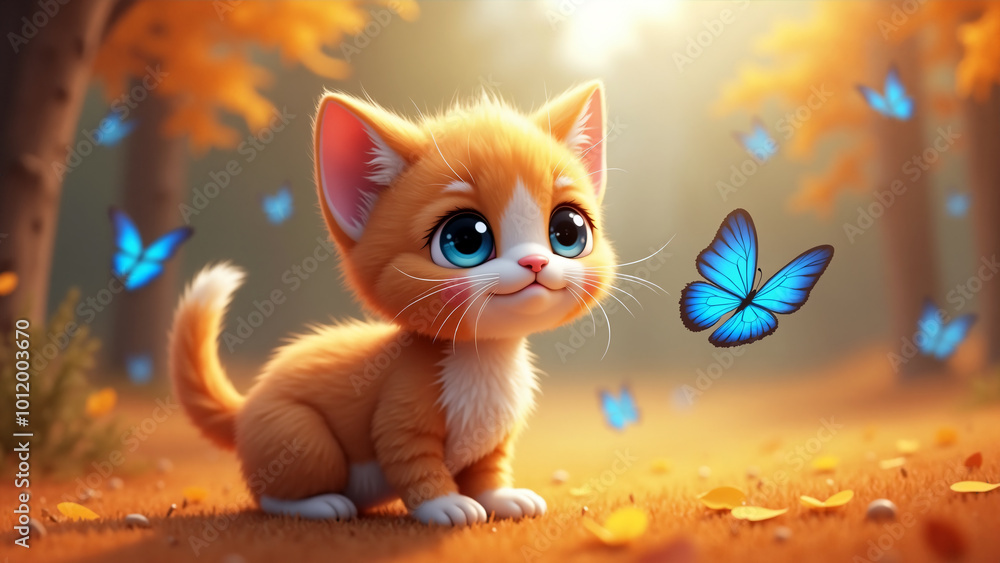 Autumn cute animals - A charming 3D cartoon-style scene featuring an adorable kitty with large, expressive eyes among fallen autumn leaves. Blue butterflies flutter around. Warm magical atmosphere. Autumn cute animals - A charming 3D cartoon-style scene featuring an adorable kitty with large, expressive eyes among fallen autumn leaves. Blue butterflies flutter around. Warm magical atmosphere.