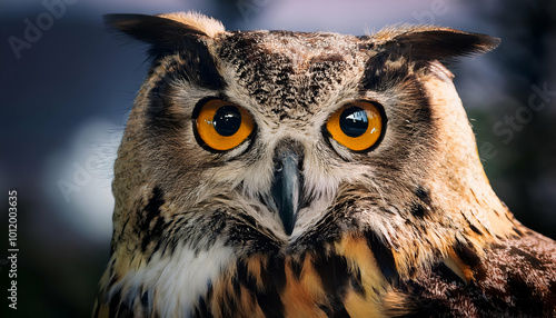 A regal owl with a distinctive facial pattern and intense orange eyes, bathed in soft natural light.