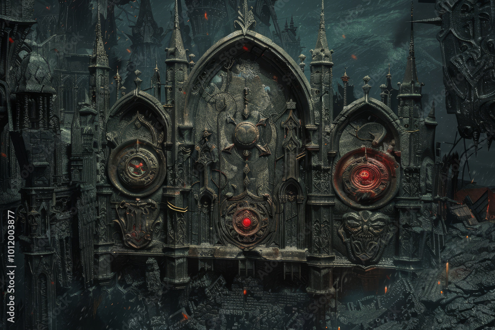 A dark and ominous castle with a large, ornate door A dark and ominous castle with a large, ornate door