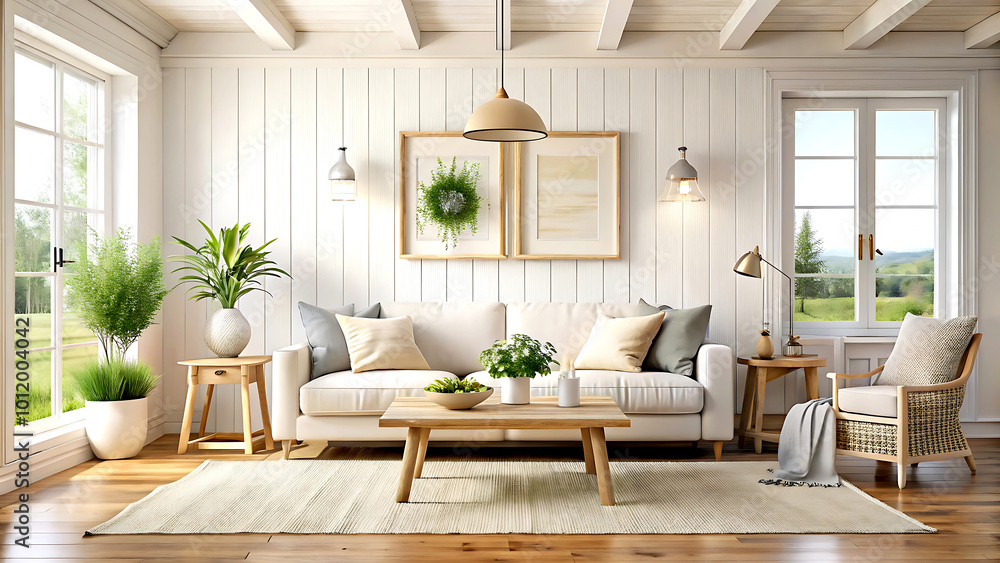 Living room interior with sofa and flower on table, blank wall mock up background, 3D render, white Mock up frame Living room interior with sofa and flower on table, blank wall mock up background, 3D render, white Mock up frame