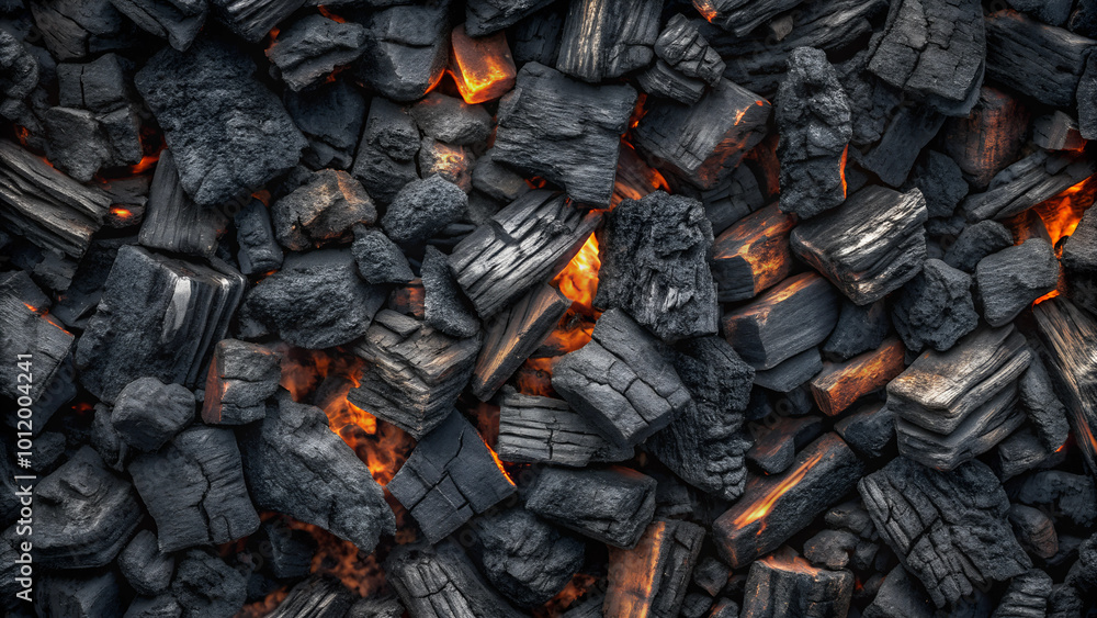Glowing charcoal embers with vibrant orange flames close-up Glowing charcoal embers with vibrant orange flames close-up