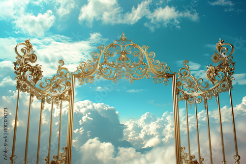 A gold gate with clouds in the background