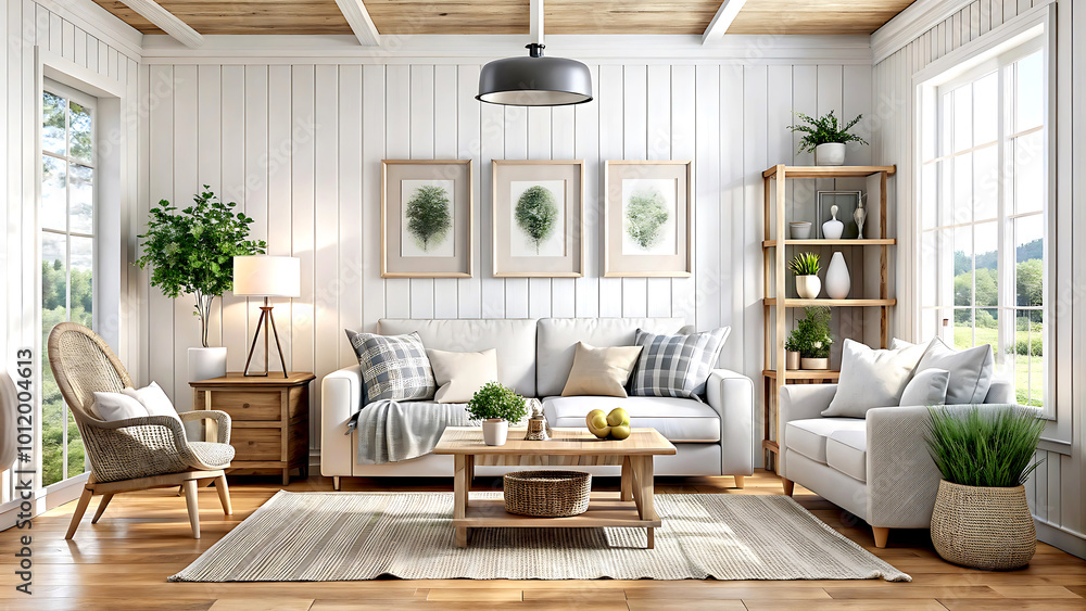 Fototapeta premium Living room interior with sofa and flower on table, blank wall mock up background, 3D render, white Mock up frame