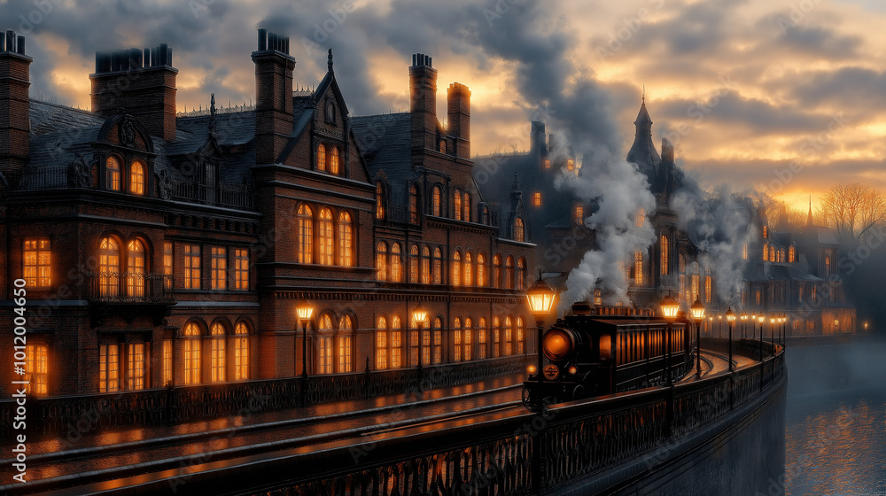 Fototapeta premium A bustling scene of Chimney Town, where towering chimneys rise into the sky, filling the atmosphere with clouds of smoke. The town is densely packed with brick buildings, narrow al
