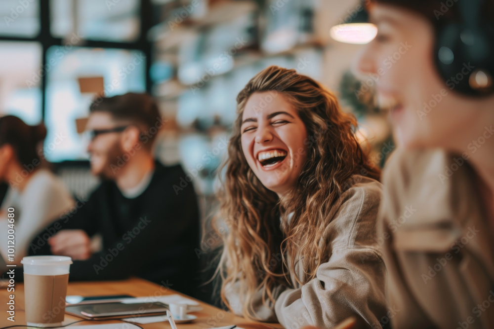A group of people are sitting around a table, one of them is laughing A group of people are sitting around a table, one of them is laughing