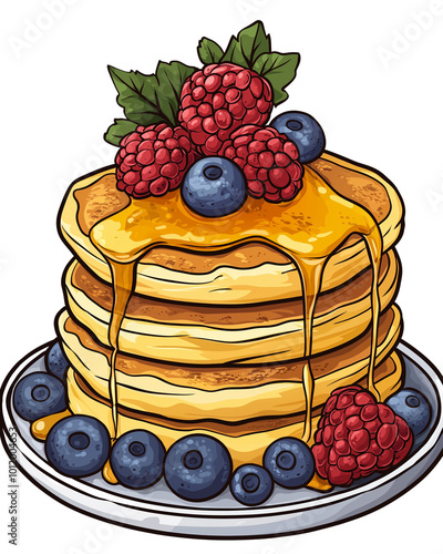 an anime painted of pancake with honey and berries in black outline isolated on transparent background photo