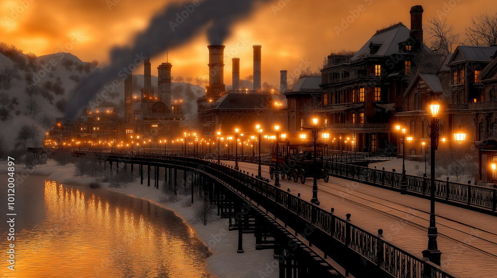 An atmospheric view of Chimney Town at dusk, with rows of chimneys belching smoke into the orange-tinted sky. The buildings are a mix of old brick and metal structures, connected b An atmospheric view of Chimney Town at dusk, with rows of chimneys belching smoke into the orange-tinted sky. The buildings are a mix of old brick and metal structures, connected b
