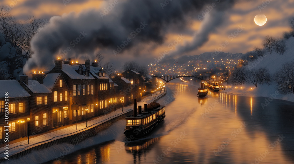 Fototapeta premium A magical depiction of Chimney Town at night, where the glow of lights from homes and shops shines through the thick smoke rising from the chimneys. The townâs narrow streets are l