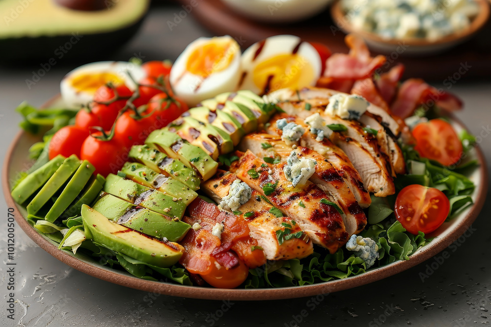 A plate of food with chicken, avocado, and tomatoes A plate of food with chicken, avocado, and tomatoes