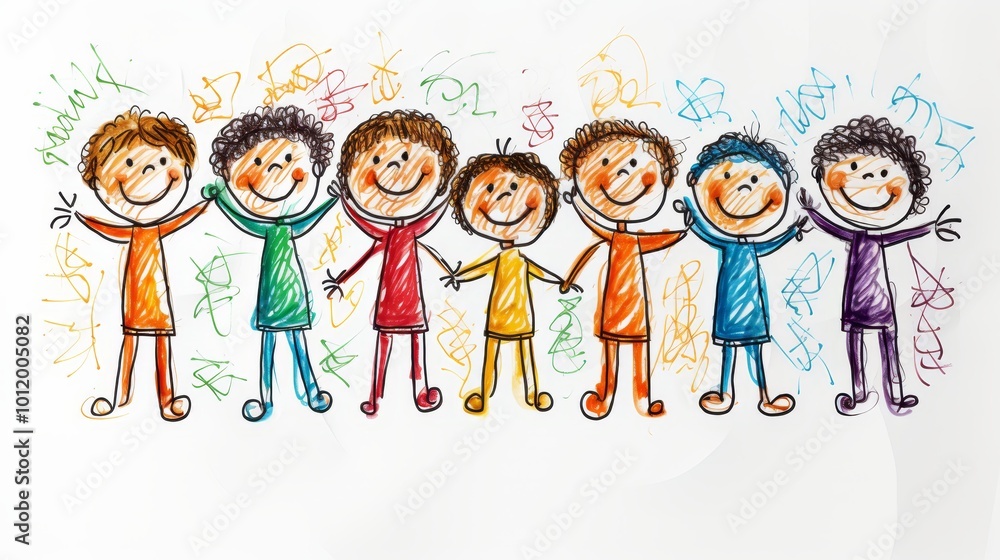 Fototapeta premium Charming cartoon illustration of joyful kids jumping and holding hands on a bright white background