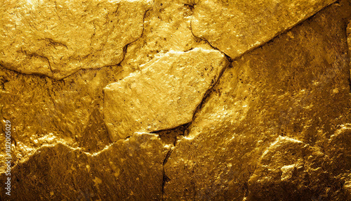 Golden stone wall. Textured surface. Gold toned background. photo