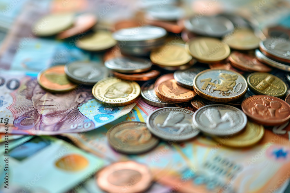 A pile of coins and bills, including a dollars100 bill, are scattered on a table A pile of coins and bills, including a dollars100 bill, are scattered on a table