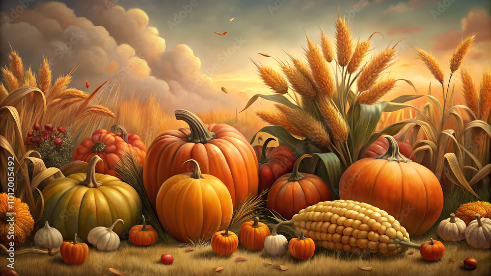 Abundant harvest of pumpkins and corn in autumn sunset Abundant harvest of pumpkins and corn in autumn sunset