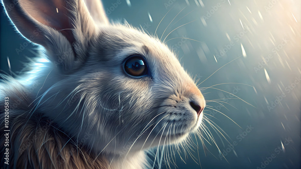Close-up of a rabbit in soft light with falling raindrops Close-up of a rabbit in soft light with falling raindrops