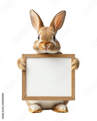 a brown rabbit holding blank white poster with thin wooden frame , isolated on transparent background photo