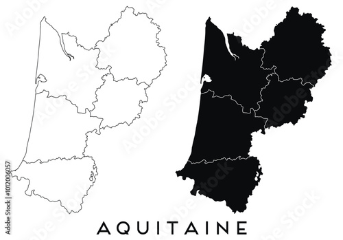 Aquitaine map of regions districts vector black on white and outline	