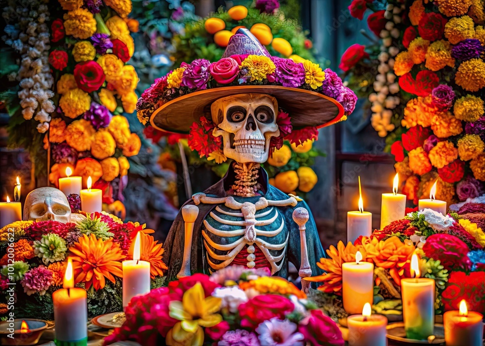 Obraz premium Colorful Mexican Skeleton Decorated for Día de los Muertos Celebration with Flowers and Candles